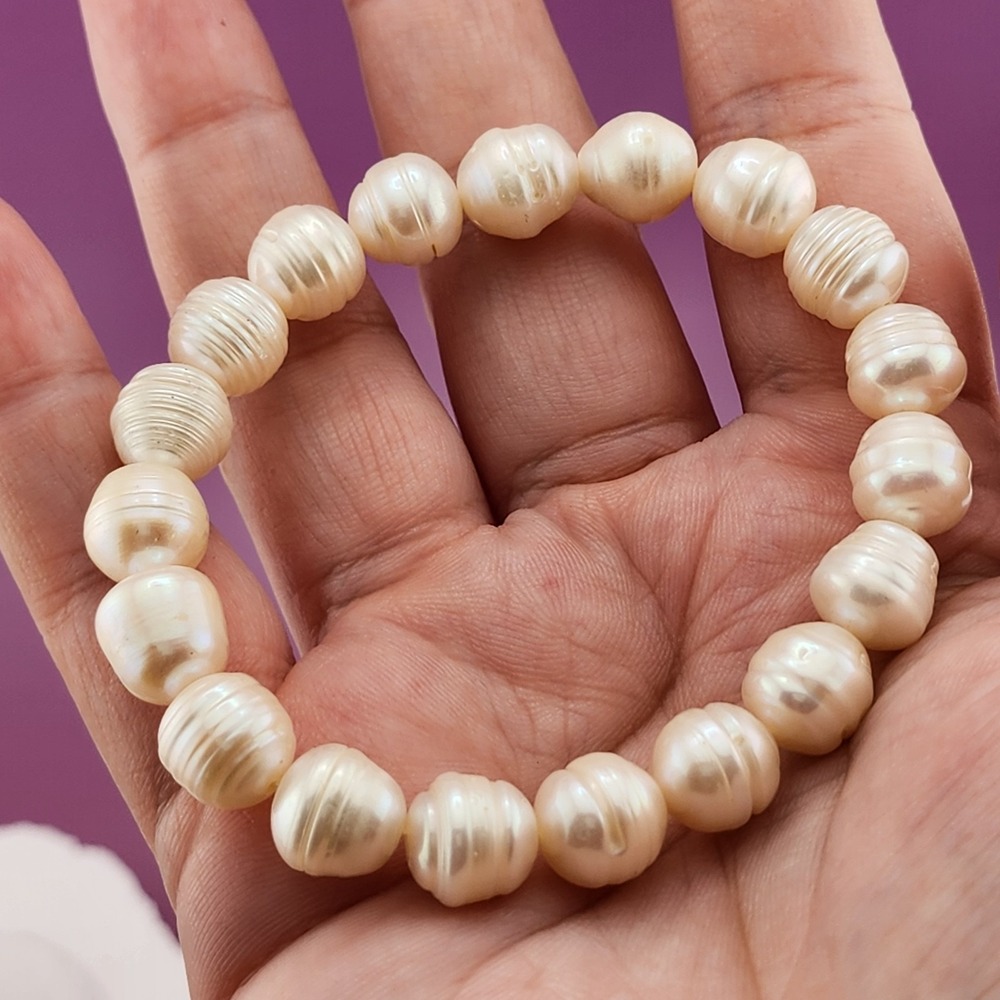 Baroque Pearl Beaded Stretch Bracelet Cream White Chunky Statement Boho Gift